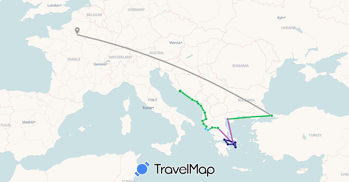 TravelMap itinerary: driving, bus, plane, train, boat in Albania, France, Greece, Croatia, Montenegro, Turkey (Asia, Europe)